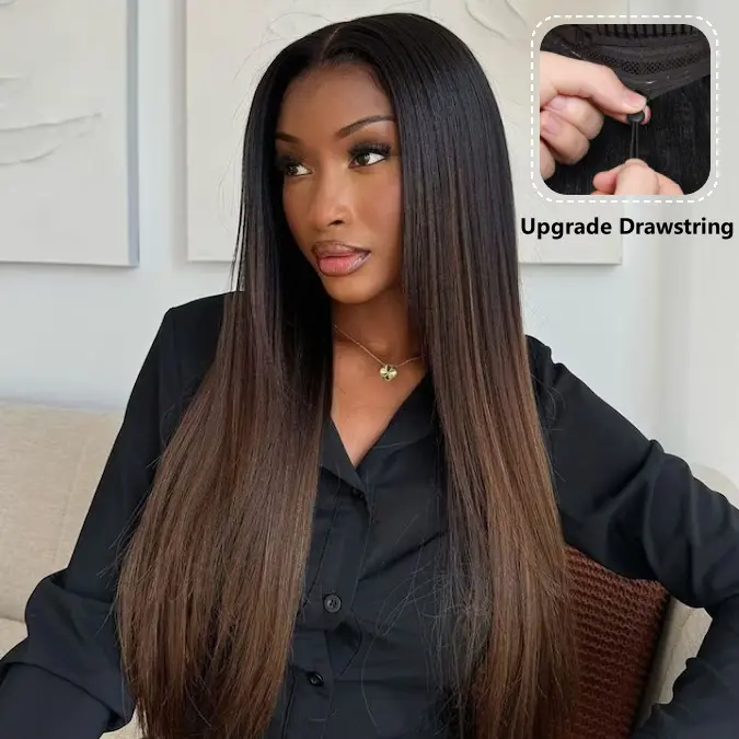 UNice Women's Glueless Human Hair Wig - 7x5/13x4 HD Lace Frontal, Ombre Chestnut Brown Yaki Straight, Natural Scalp & Hairline, Heat Resistant, Beginner-Friendly Put-On & Go Summer Wig, Glueless Wigs Human Hair, Human Hair Wigs
