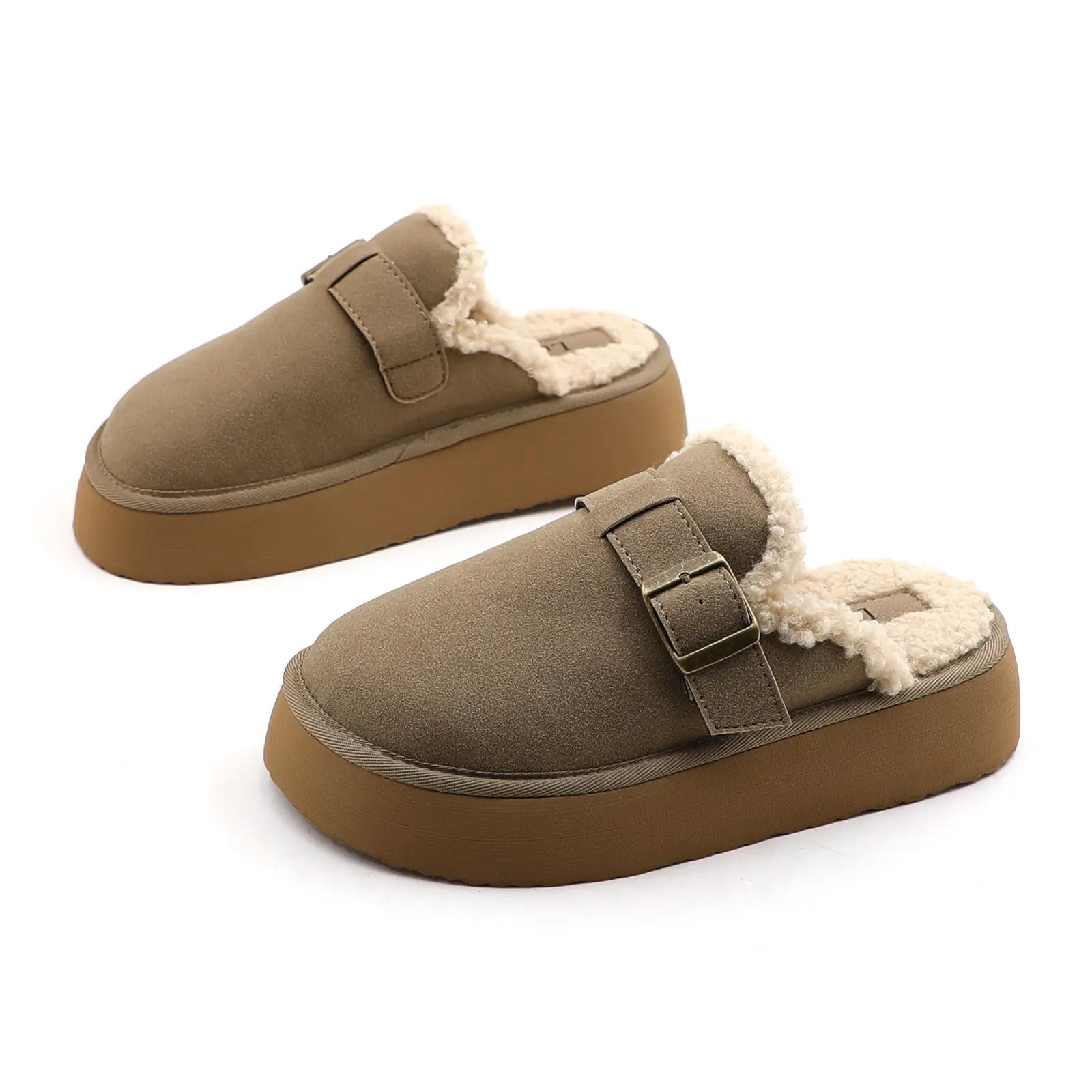 Women's Fleece Lined Platform Mules PU Leather Buckle Clogs Slippers in Black, Camel, Taupe