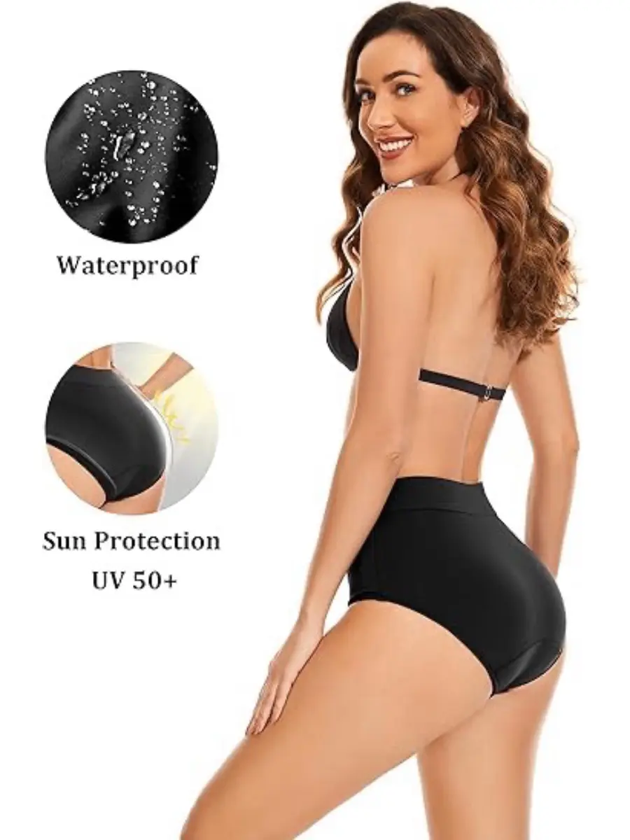 LEOVQN Women's High Waisted Leakproof Period Bikini Bottoms - Recycled Fabric, Snug Fit, Lightweight, Soft, Breathable, Quick Dry, UV Protection, Anti-Odour, Skin-Friendly Swimwear for Teens, Beach Play & Dive, Bathing Suit Bottoms, Beach & Pool, Fast-Dry