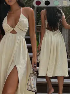 Summer New Sexy Wrap Top V-Neck Dress, Loose Beach Style Split Skirt, Women's Chic Fashionable Long Dress, Perfect for Vacation