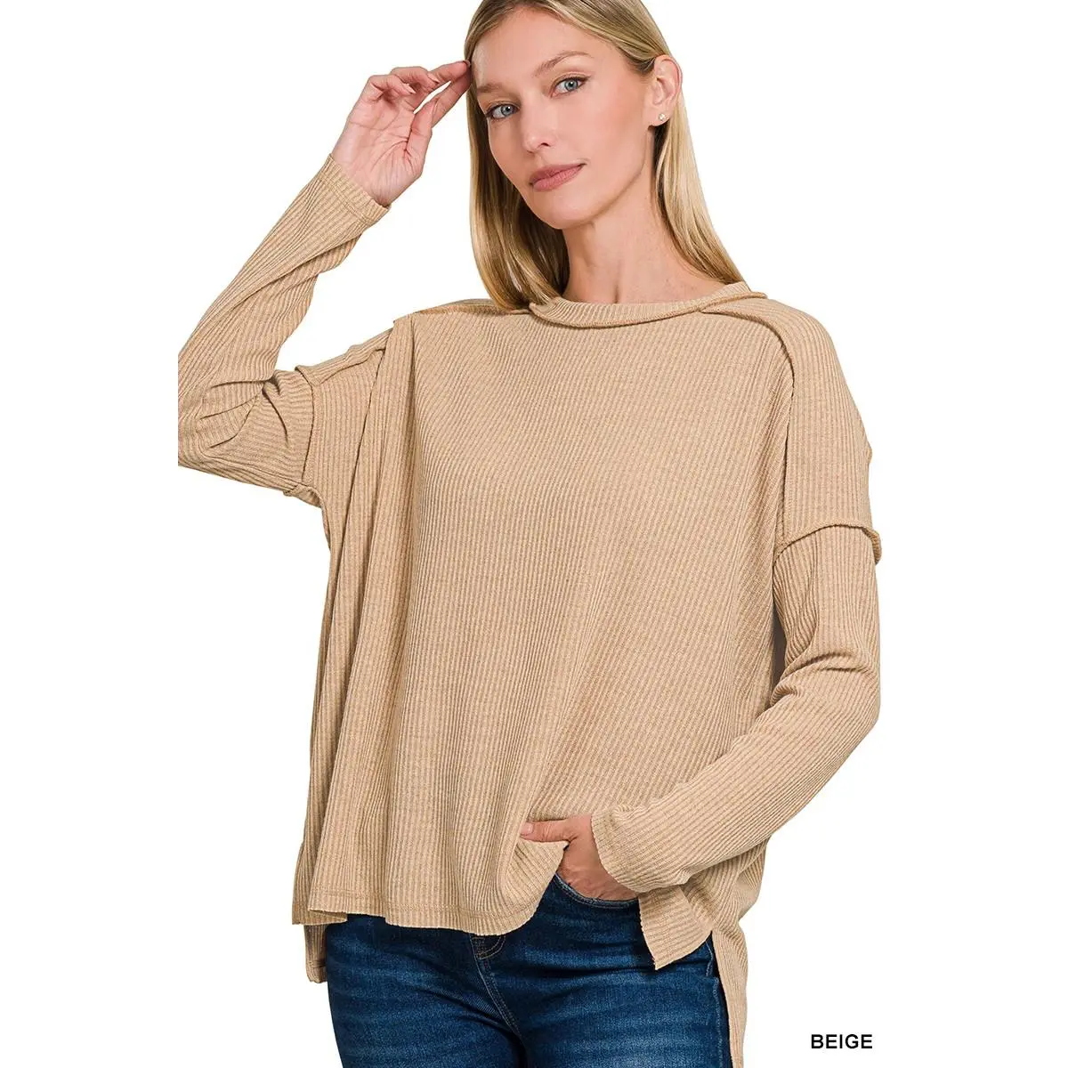 Zenana Ribbed Drop Shoulder Round Neck Sweater