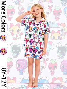 2-piece Kids Set: White Base with Full Cartoon Animal Print Short Sleeve Shorts, Soft Comfortable Flared Collar Top, Small Pockets, Elasticated Waistband, Casual Home Wear Children's Sleepwear Set