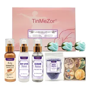 TinMeZor Lavender Bath Gift Set - Home Spa Kit with Body Shimmer Oil, Serum, Soap Flower, Lotion, Bath Salt & Candle Present for Mother