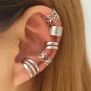 Jewelry - 5pcs/set Trendy Elegant Design Ear Cuff Classic Elegant Style Gifts Women's No Piercing Clip silver Earrings Circle Leaf Shaped