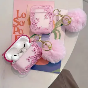 Wave Edge Plum Pattern Earphone Case, Headphones, Fits Apple AirPods Pro/1/2, Includes Fuzzy Ball Charm, Durable Tpu Material, Protection
