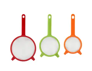 3-Piece Colorful Fine Mesh Strainer Set – Red, Green & Orange, Plastic Handle, Multi-Size