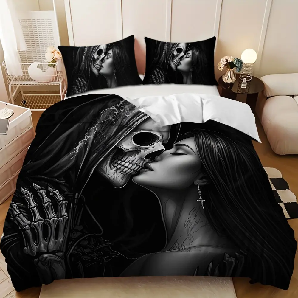 Bedding 3-piece set - 3PCS,Black and white skull and death kiss women's down comforter set (1 duvet cover + 2 pillowcases, filling not included). soft and comfortable, suitable for family bedrooms Theme bedding set