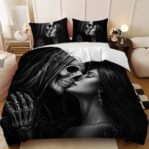 Bedding 3-piece set - 3PCS,Black and white skull and death kiss women's down comforter set (1 duvet cover + 2 pillowcases, filling not included). soft and comfortable, suitable for family bedrooms.