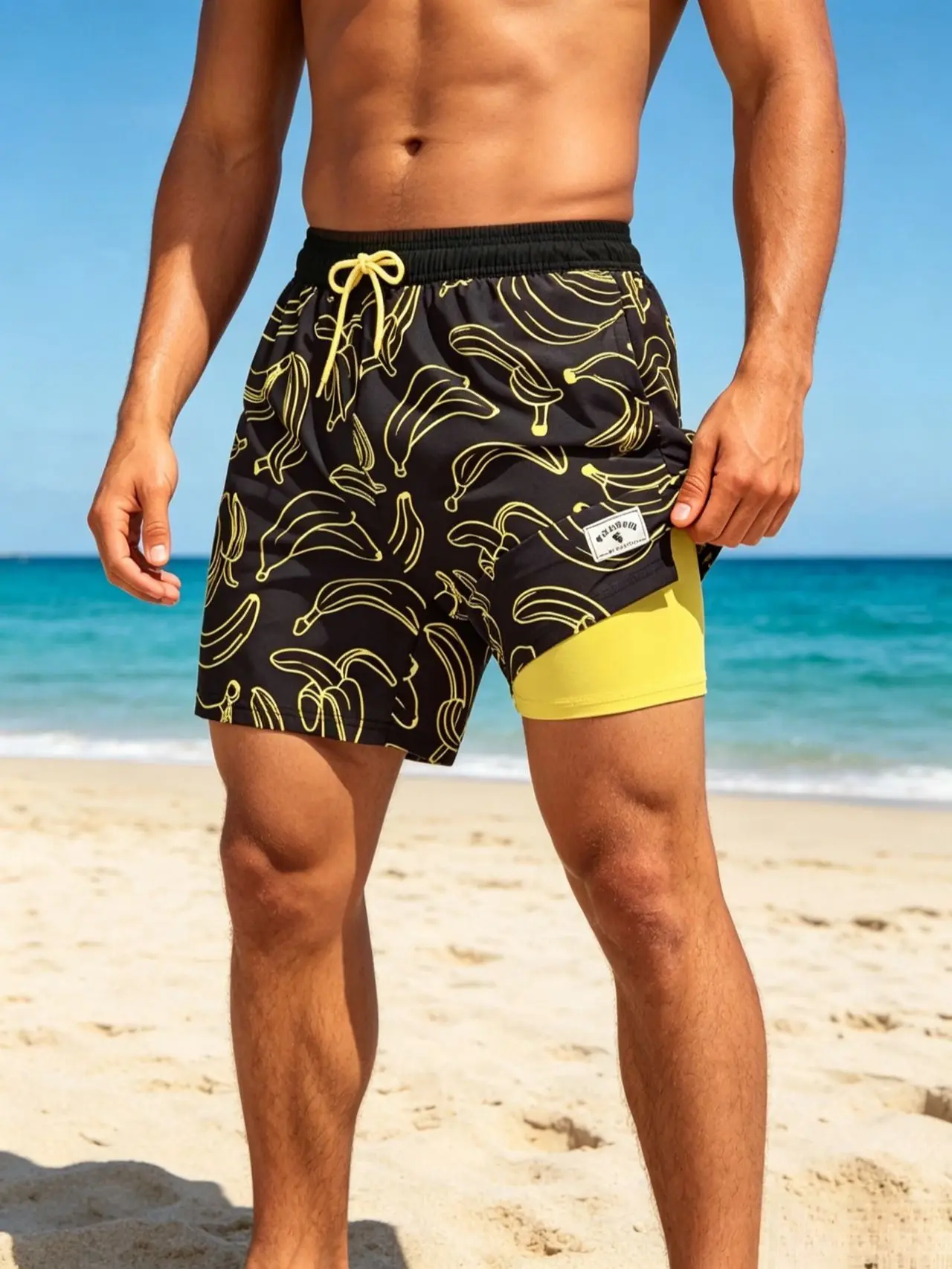 Male Loose Fit Multi-Size Summer Banana-Print 2-in-1 Quick-Dry Swim Shorts with Built-in Liner, Elastic Drawstring, Breathable Fabric - Ideal for Beach Sport, Surfing