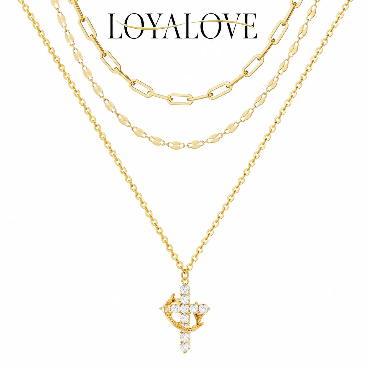 LOYALOVE 14K Gold Plated Layered Cross Necklace for Women, 3-Layer Dainty CZ Pendant Paperclip Chain, Hypoallergenic Christian Faith Jewelry Gift for Her