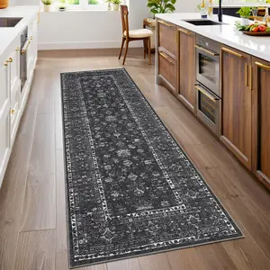 Vintage Kitchen Rugs,  Washable Non Slip Stain Resistant Hallway Runner  Soft Non Slip Hallway Runner, Stain Resistant Low Pile Distressed Floral Print Throw Carpet for Entryway Bedroom Laundry Bathroom, Black