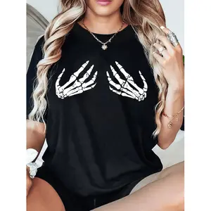Stylish PlusSize Womens RoundNeck TShirt with Trendy Skeleton Hand Print Made of Breathable Pure Cotton Perfect Summer Fashion Choice
