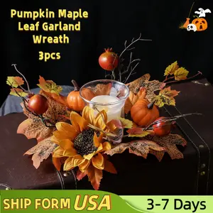 3pcs Maple Leaf Sunflower Pumpkin Candle Ring Wreath Berry Leaf Pillar Candle Garland Farmhouse Holiday Wedding Celebration Tabletop Decoration Fall Winter Kitchen Cabinet Garland Pillar Candle Holder for Thanksgiving Day Halloween