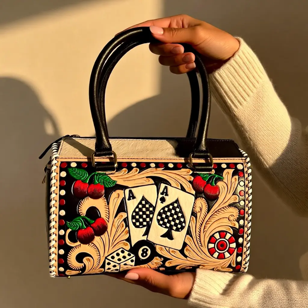 The Cherry Jackpot Bag – Hand-Tooled Cowhide Handbag