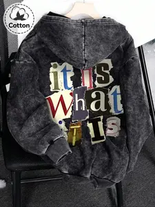 Men's Cotton Zipper Distressed Hoodie, Cartoon Letter Print, Loose-Fit Casual Long Sleeve Pullover, Spring & Fall Fashion, Daily Wear Top
