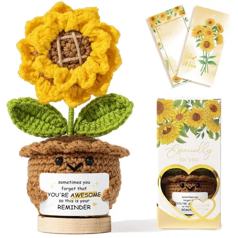 Decorative Handmade Mini Crochet Sunflower Statue - Soft Wool Touch, Adjustable Leaves, Wooden Base, Gift Box Incl. - Home Decor Nurse Christmas Gift, "Sometimes You Forget You're Awesome" Thank You Token