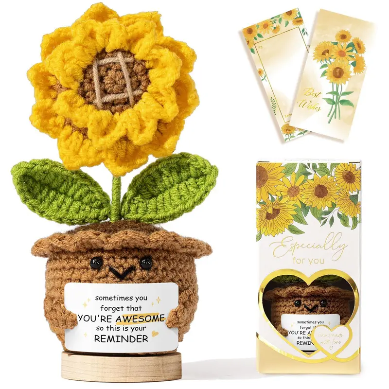 Decorative Handmade Mini Crochet Sunflower Statue - Soft Wool Touch, Adjustable Leaves, Wooden Base, Gift Box Incl. - Home Decor Nurse Christmas Gift, "Sometimes You Forget You're Awesome" Thank You Token