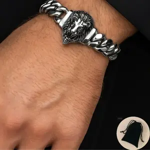 Men's Hip-Hop Style Cuban Link Lion King Head Titanium Steel Bracelet Gold/Silver 14MM Width 8.5" Length Electroplated Gold Miami Style(Shipped from the USA)