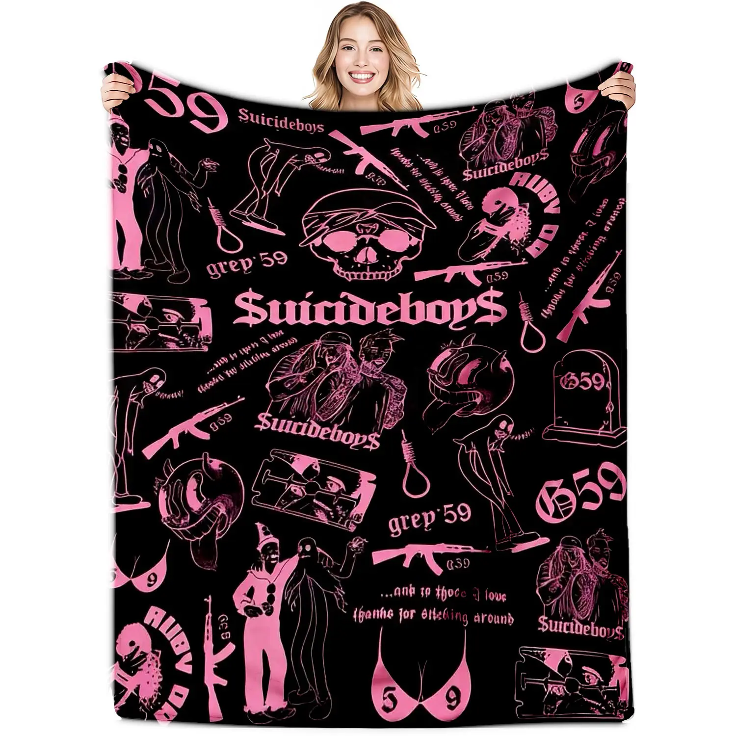 Pink Black Gothic Suicideboys Flannel Blanket, Hip‑Hop Band Skeleton Art Fuzzy Polyester Throw Blanket, Cool Hippie Music‑Theme Blanket for Teen Present, Decorative Blanket for Couch, Twin Size