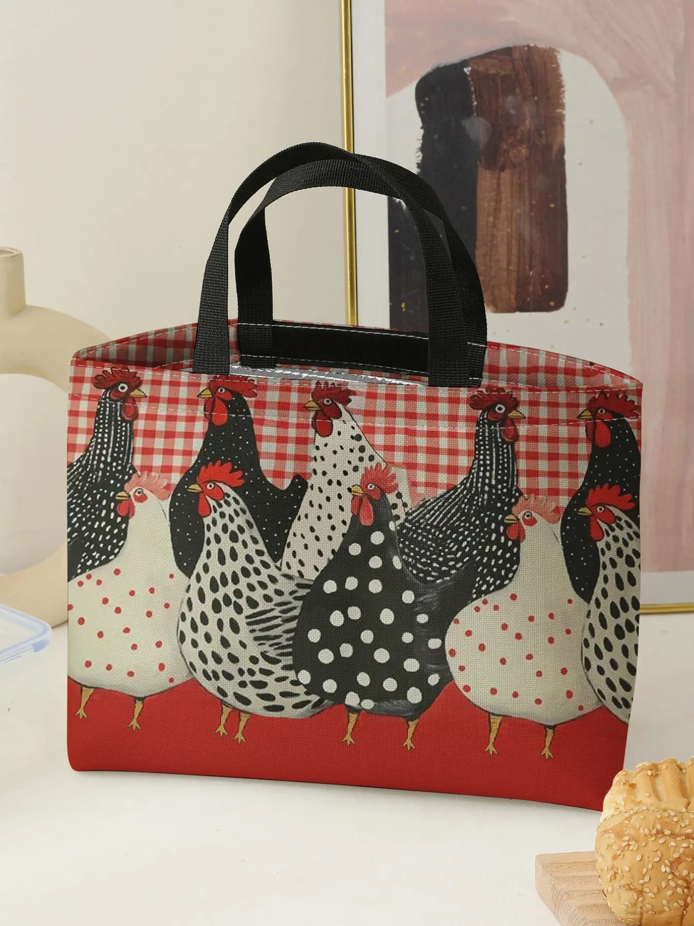 Women's Casual Rooster Pattern Handbag Portable Lunch Bag, Large Capacity Picnic Food Drink Bag, All Seasons Camping Student Use, Bento Bag Lunch Bags Women