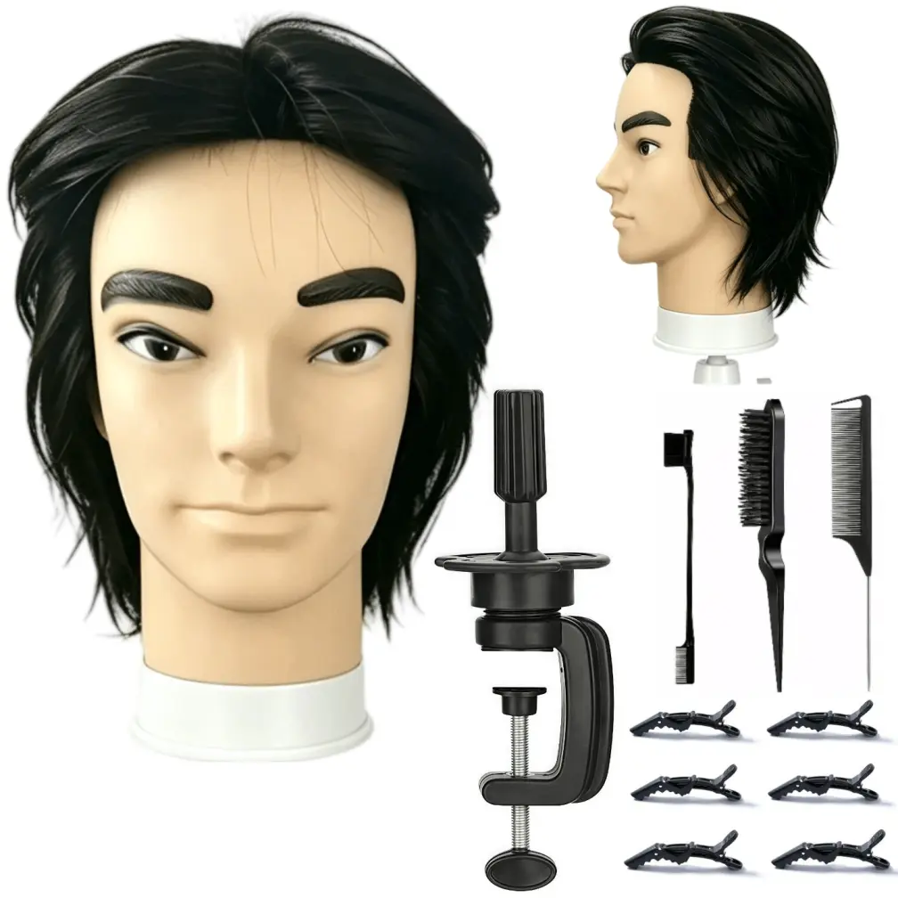 Salon Training Barber Mannequin Head - 22-in Circumference Shed-Resistant Synthetic Hair, Table Clamp Wig Stand with Head Mount, 1-in Base Hole, Hair Cutting Practice Styling Tool