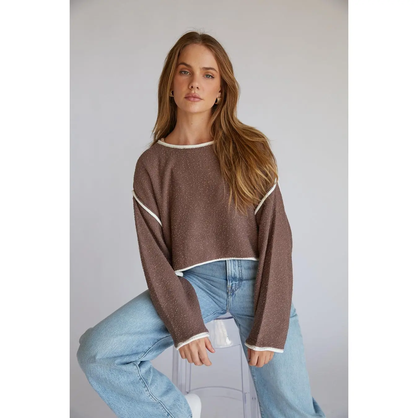 Willa Cropped Knit Sweater for Women, Sheer Pullover Style with Flare Sleeves and Contrast Trim Piping