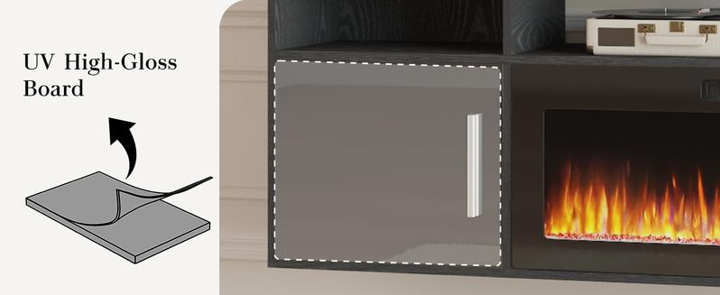 【2 Packages Shipping】PUKAMI Floating Fireplace TV Stand 70'' Wall Mounted Shelf, LED Light Entertainment Center and Storage, Modern Wood Media TV Console with Highlight Cabinet for Living Room