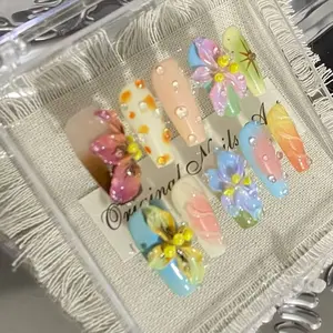 Vintage Color Block 3D Flower Press On Nails, Handmade Reusable Long Coffin Fake Nails
