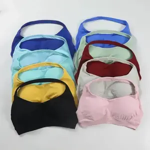 Df~ Impact Sports Bra Women Seamless Halter Neck Strap Bra with Logo Padded Open Back Yoga Top Bra Medium Support Gym Crop Top