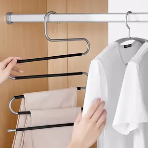 S-Shape Pants Hangers, Space Saving Non-Slip Stainless Steel Closet Hangers for Jeans, Pants, Trousers, Scarves, Belts, Skirts and Accessories, Heavy Duty, Durable Storage Organizer for Home, Bedroom, Wardrobe, Black Hanging