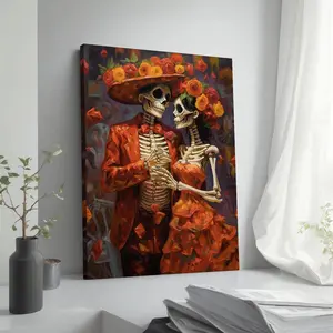 1-Piece Artistic Skull Couple Love Theme Creative Pine Wood Framed Print, Modern Animals-Inspired Wall Art, Home Decor Accent for Living Room