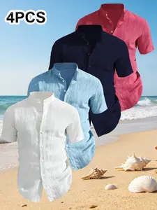 4-Pack Men's Summer Short Sleeve Shirts, Solid Color, Lightweight Breathable, Stand Collar Button Shirt, Ideal for Beach Poolwear