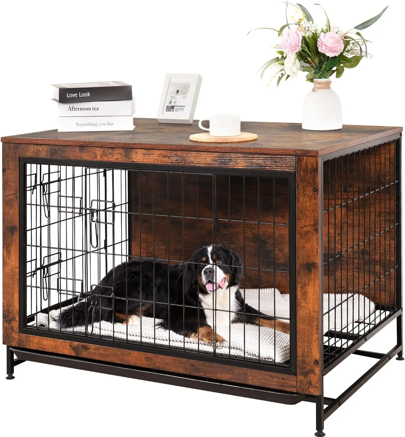 Dog Crate Furniture Kennel, Medium/Large Dog 38.5 inch Doble Dog Crate with Storage Drawers, Modern Side End Table Indoor Wooden Dog House Heavy Duty