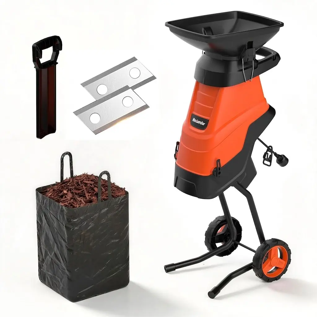 MAXLANDER 15A Model Electric Wood Chipper - Compact Stainless Steel Lawn Mulcher & Branch Shredding Tool with Collection Bag for Twigs, Garden Cleanup