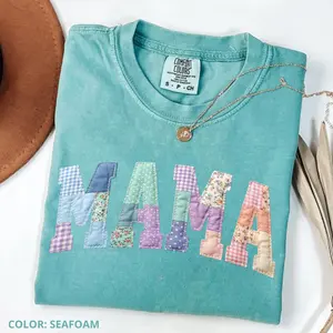 (Print) Comfort Colors Faux Patchwork Floral Mama T- Shirt, Cottagecore Floral Mom Gift, Cotton Fabric Shirt