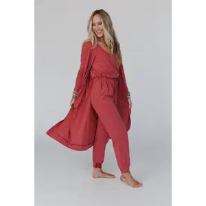 Set to Go Textured Jumpsuit And Cardigan Set - Deep Rust
