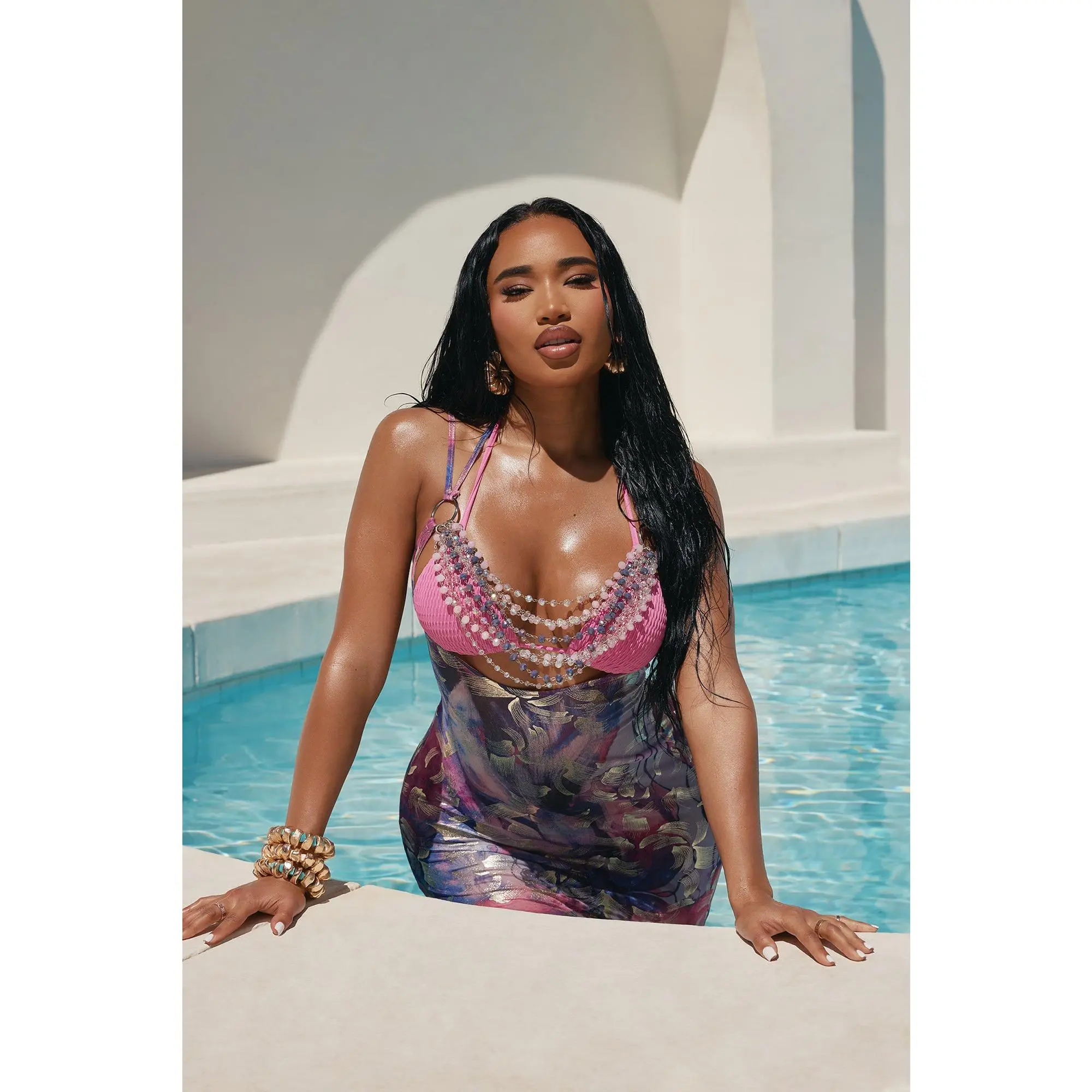 Island Goddess Gemstones Beaded Chains Mesh Cover Up Maxi Dress - Purple/combo