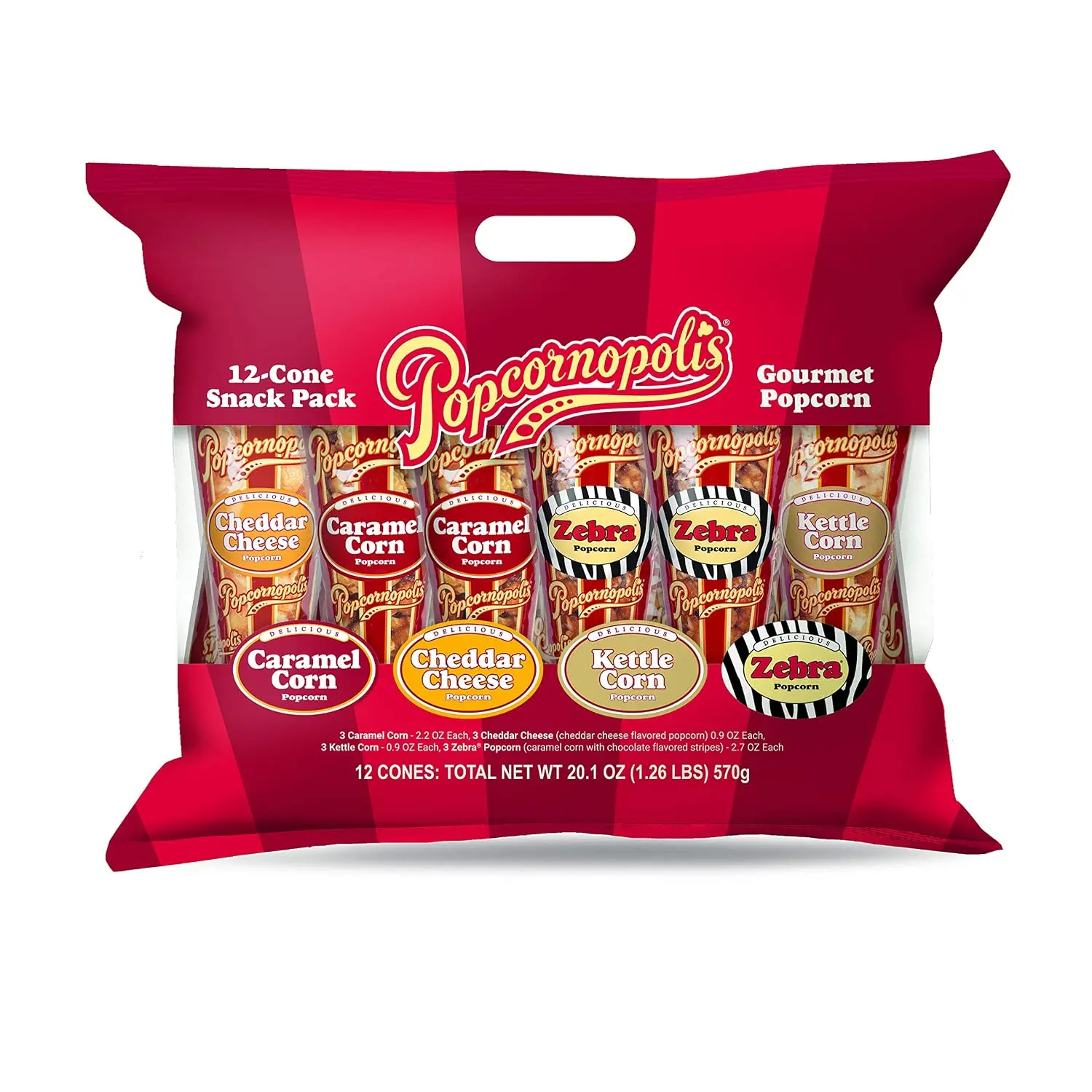 Gourmet Popcorn Cone Variety Pack – Zebra Popcorn, Cheddar Cheese Popcorn, Caramel Popcorn & Kettle Corn Popcorn, Great for Gifting & Sharing, (12-Count)