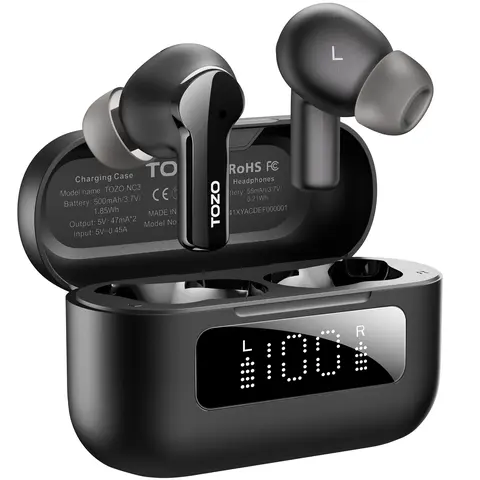 TOZO NC3 Hybrid Smart Active Noise Cancellation Wireless Earbuds Bluetooth 5.3 Headphones - Waterproof Sports Earphone, 6 Mics ENC Calls, 55H Playtime, 32 Preset EQs via APP, IPX8 Rating, LED Display, Origx Audio, Deep Bass, Low Latency Sync, All-Day Wear