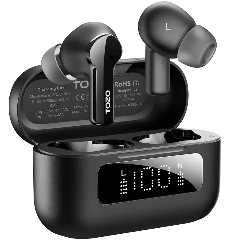 TOZO NC3 Hybrid Smart Active Noise Cancellation Wireless Earbuds Bluetooth 5.3 Headphones - Waterproof Sports Earphone, 6 Mics ENC Calls, 55H Playtime, 32 Preset EQs via APP, IPX8 Rating, LED Display, Origx Audio, Deep Bass, Low Latency Sync, All-Day Wear