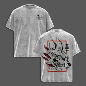 Menswear Casual Short-Sleeve Round Neck Kon "Fox Devil" Vintage Oversized Washed T-Shirt, Chainsaw Man Heavy Cotton Graphic Top, Retro Anime Unisex Streetwear