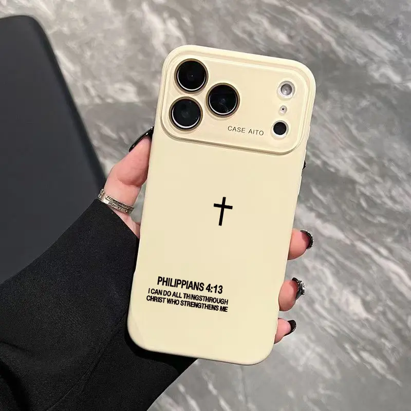 Cross And Bible Verse Dopamine Ins Style Solid Color Phone Case Ultra Skin Friendly Touch All Inclusive Lens Compatible with Apple iPhone 17 16 15 14 13 12