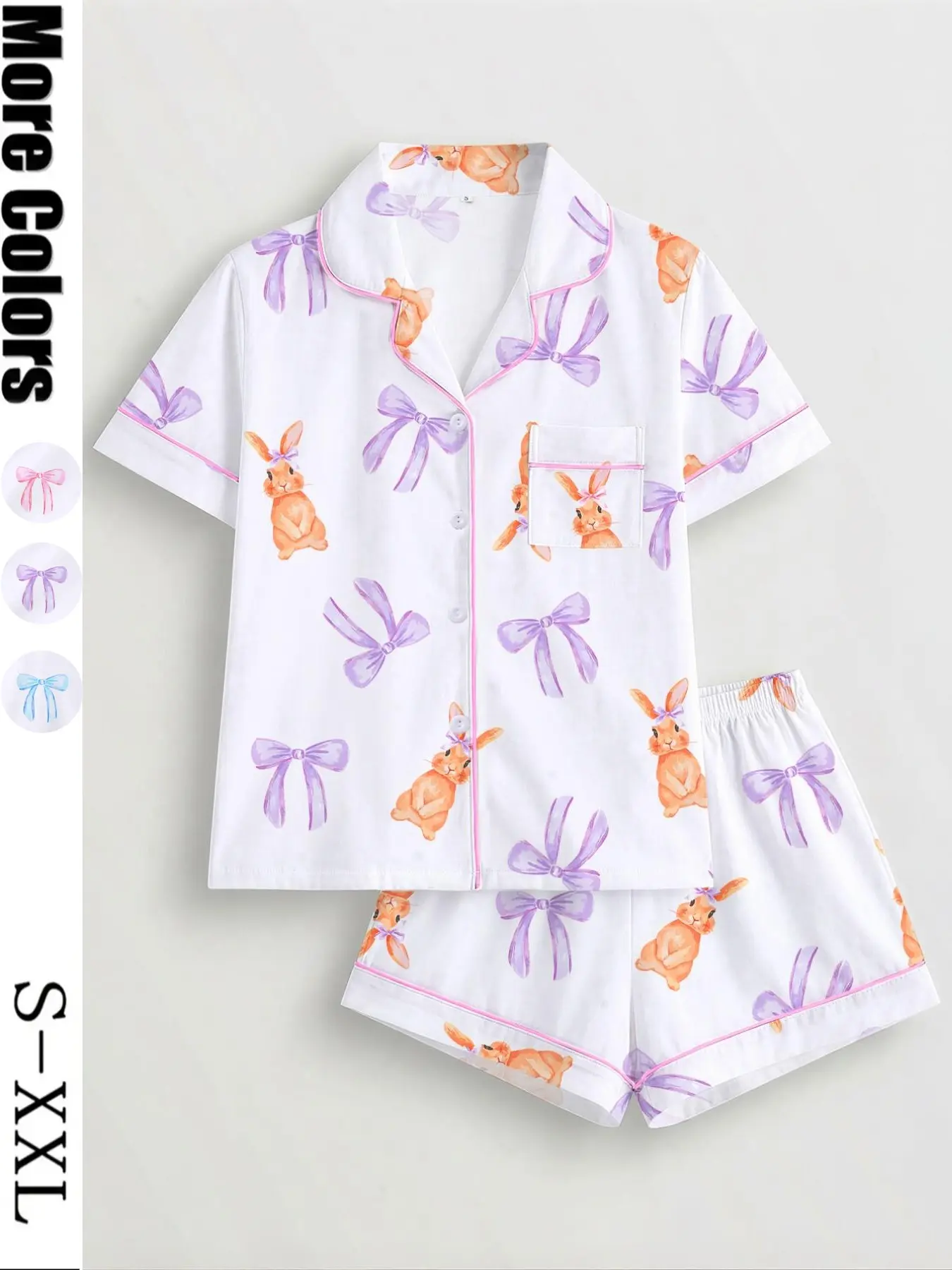 Women's Bow Rabbit Print Sleepwear Pajama Set, Short Sleeve Button-Up Top & Elastic Shorts, Casual All-Season Loungewear Home Wear, Pjs, Homewear, Womenswear