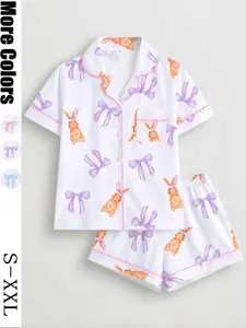 Women's Bow Rabbit Print Sleepwear Pajama Set, Short Sleeve Button-Up Top & Elastic Shorts, Casual All-Season Home Wear