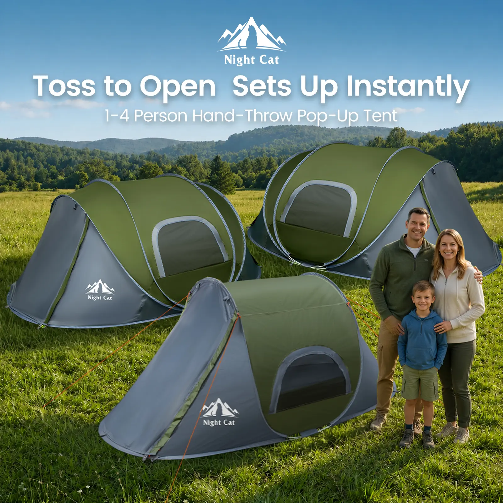 Night Cat Upgraded Pop-up Waterproof Outdoor Tent - 1-4 Person, 3-Second Instant Setup, 40% Smaller Package, PU2000mm Breathable Shelter, Lightweight Canopy for Camping, Hiking, Shelter Tent