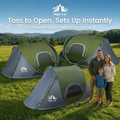Night Cat Upgraded Pop-Up Family Tent - 1-4 Person Sturdy Tent, 3s Instant Setup, Automatic Unfolding & Retracting, 3kg Easy Fold, Oxford Fabric PU2000mm Rainproof, Moisture-Proof, Cool Ventilation, Large Space, Porch-Door Shade, Adult Hiking Gear
