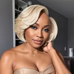 New 2025 Arrivals Women'S Short Blonde Bob Pixie Cut Lace Front Wig, Pre Plucked Human Hair Straight Hair, 13x4x1 Lace Area, 150% Density, Basic Style