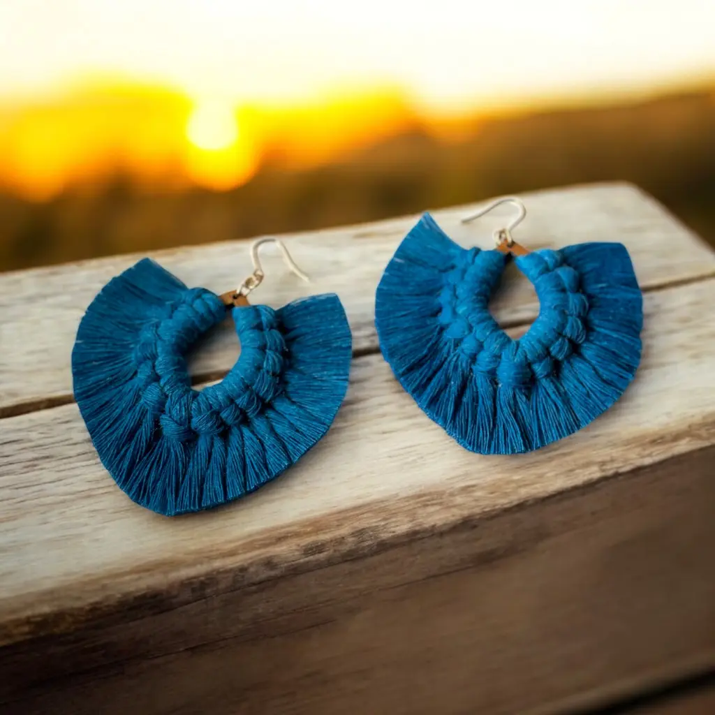 Handmade Macramé Earrings "Blue" with Textured Design and Secure Hook