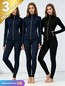 3 Packs【Golden Ziipper】Women’s Soft Brushed Long Sleeve Zip-Up Jacket with Thumbhole Cuffs, Two Practical Pockets Featuring Golden Zippers, Buttery Soft Breathable Fabric, Skin-Friendly Lightweight Top for Daily Sports, Yoga, or Casual Wear