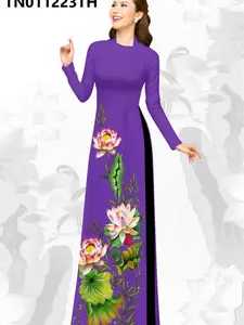Set Traditional Vietnamese Purple & Pink Lotus Ao Dai - Bộ áo dài in 3D truyền thống - Ready to ship - Square neck